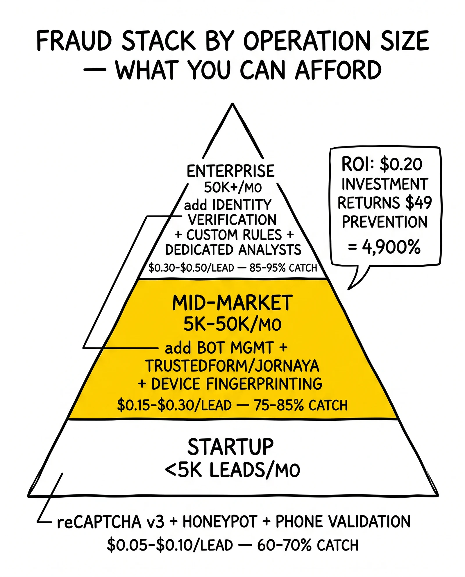 Three-tier fraud stack pyramid by operation size: startup, mid-market, enterprise with cost and catch rates. Mid-market tier highlighted as asymmetric ROI zone.