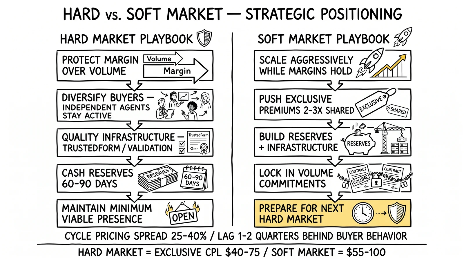 Hard versus soft insurance market playbook comparison covering margin protection, buyer diversification, exclusive premiums, and cash reserves