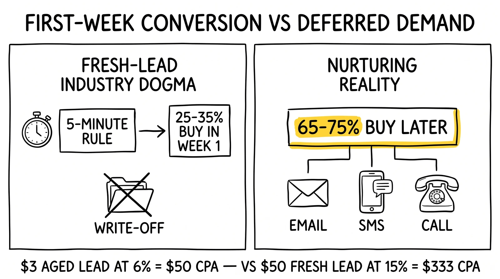 Two-panel comparison: 25-35% first-week buyers vs the 65-75% deferred-demand pool nurturing captures, with aged-lead CPA math.