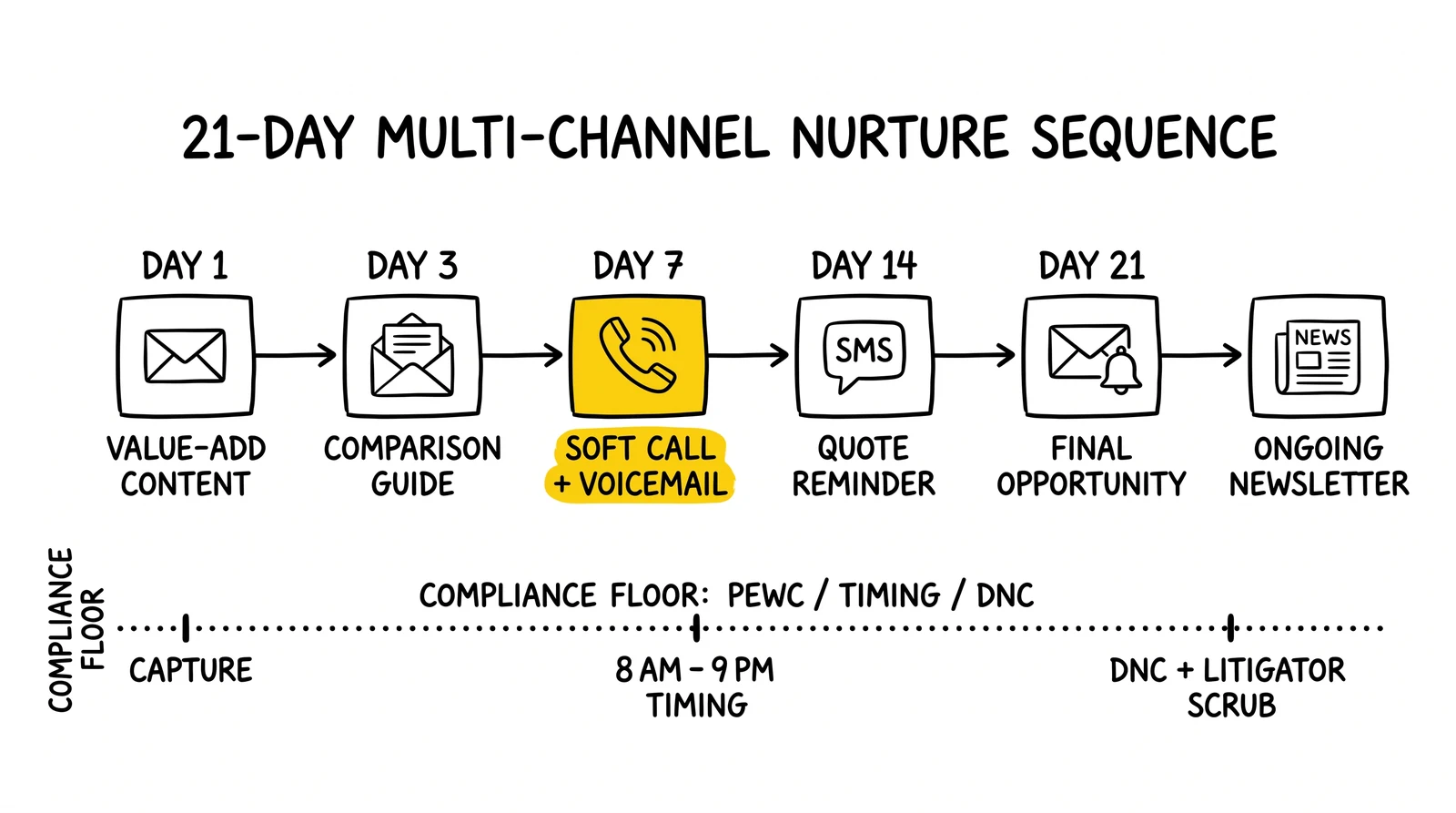 Six-step 21-day multi-channel nurture sequence across email, call, and SMS with a compliance floor running underneath every touchpoint.