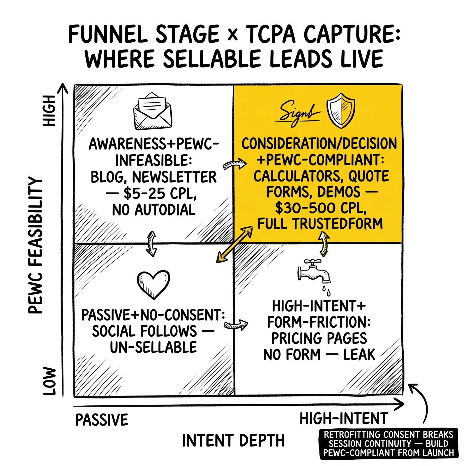 Two-by-two matrix mapping funnel stage against PEWC capture feasibility. Top-right quadrant highlighted as the only sellable-lead zone.