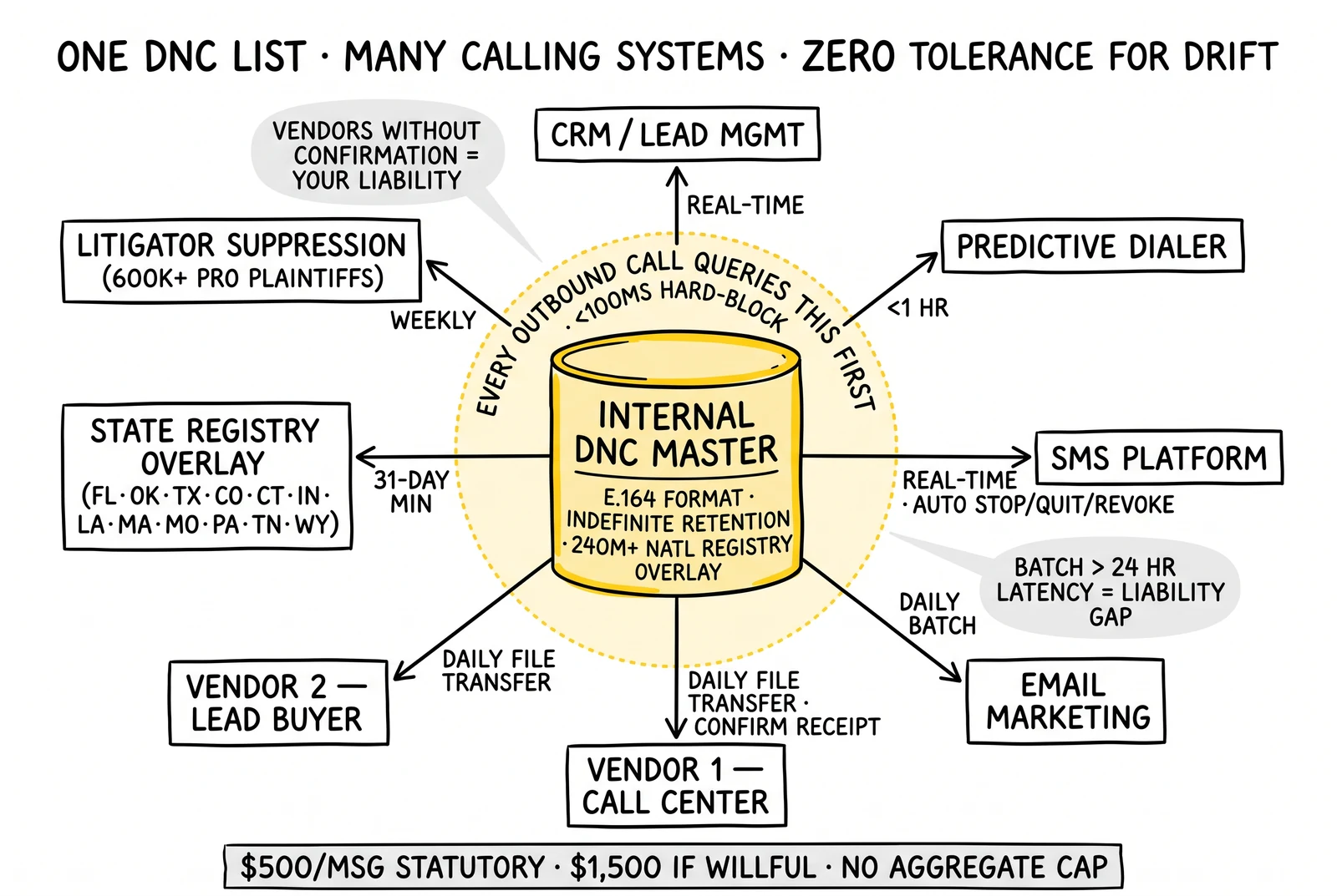 Hub-and-spoke DNC sync: one master database feeds eight calling systems and vendor pipes with sync timing per spoke; master and the real-time hard-block ring highlighted.