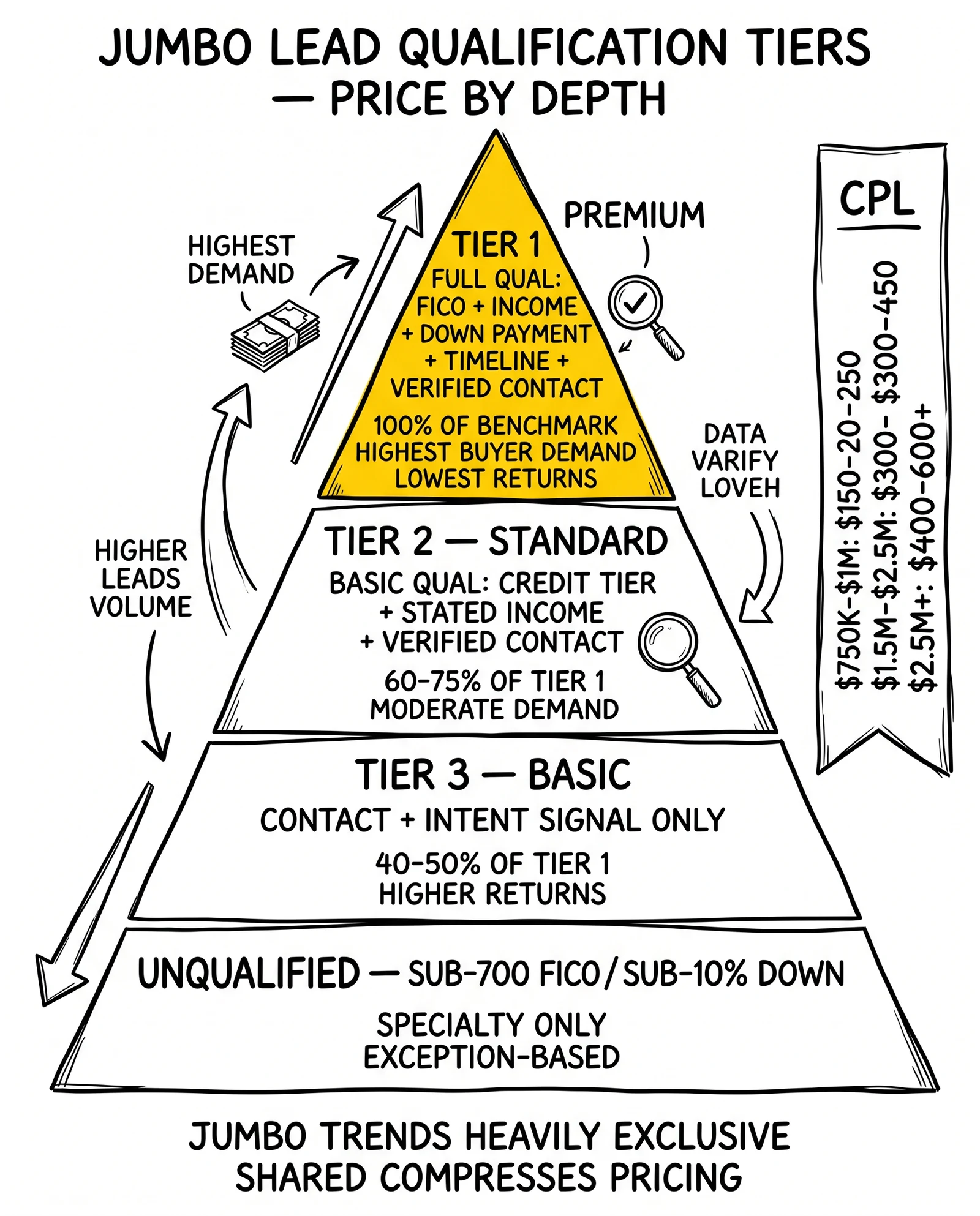 Jumbo mortgage lead qualification pyramid from Tier 1 premium full-qualification down to unqualified, with CPL ranges by loan amount band