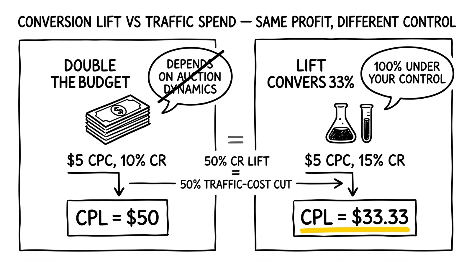 Side-by-side: doubling spend vs lifting conversion 33%. Same CPL math, but only the conversion lift is fully operator-controlled.
