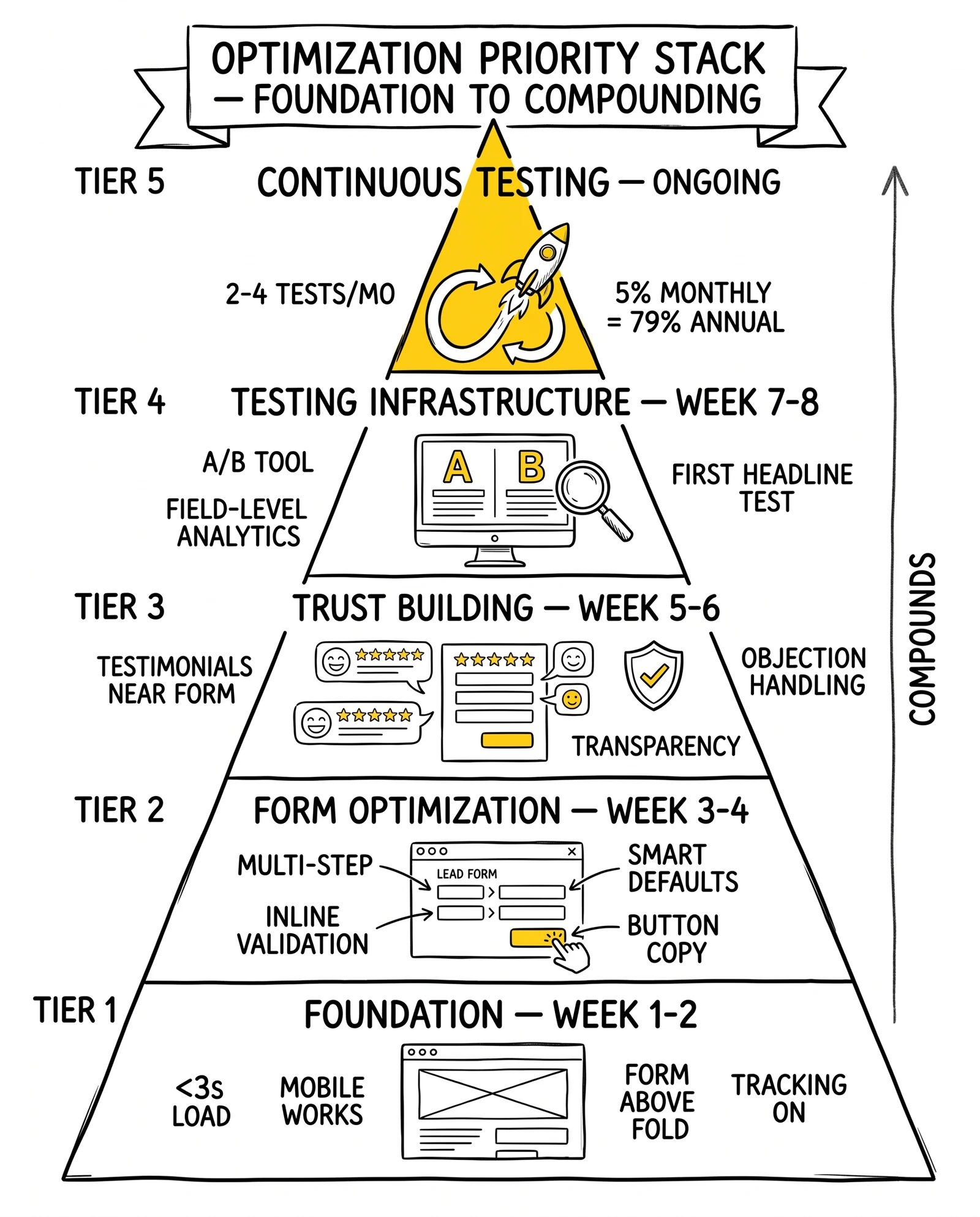 Five-tier optimization pyramid from page-load foundation to continuous-testing apex, with monthly testing flagged as the compounding layer.