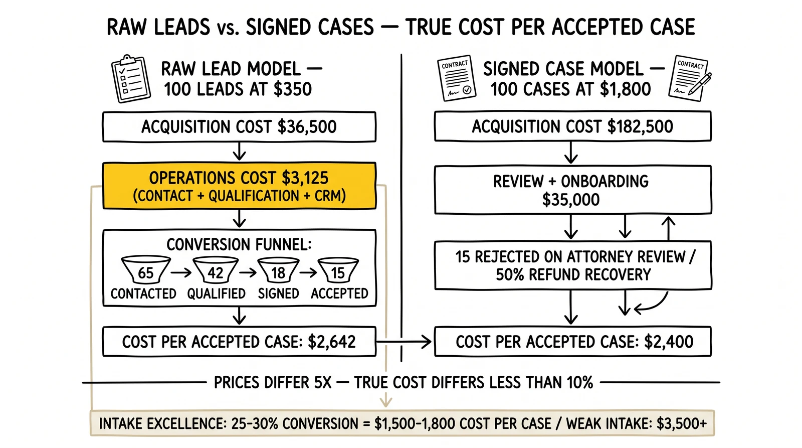 Raw-leads-versus-signed-cases comparison: 100 leads at $350 yielding $2,642 cost per accepted case versus 100 signed cases at $1,800 yielding $2,400