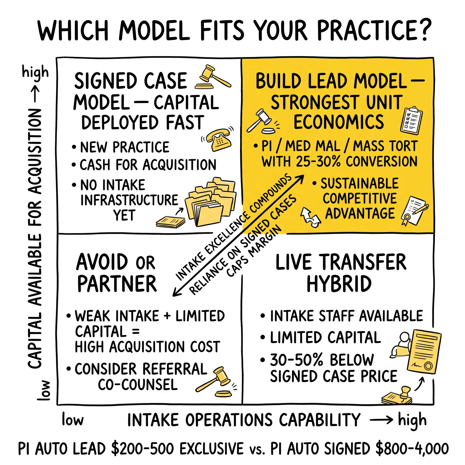 Two-by-two matrix matching law firm intake capability and capital availability to lead-model, signed-case, live-transfer, or partner strategies