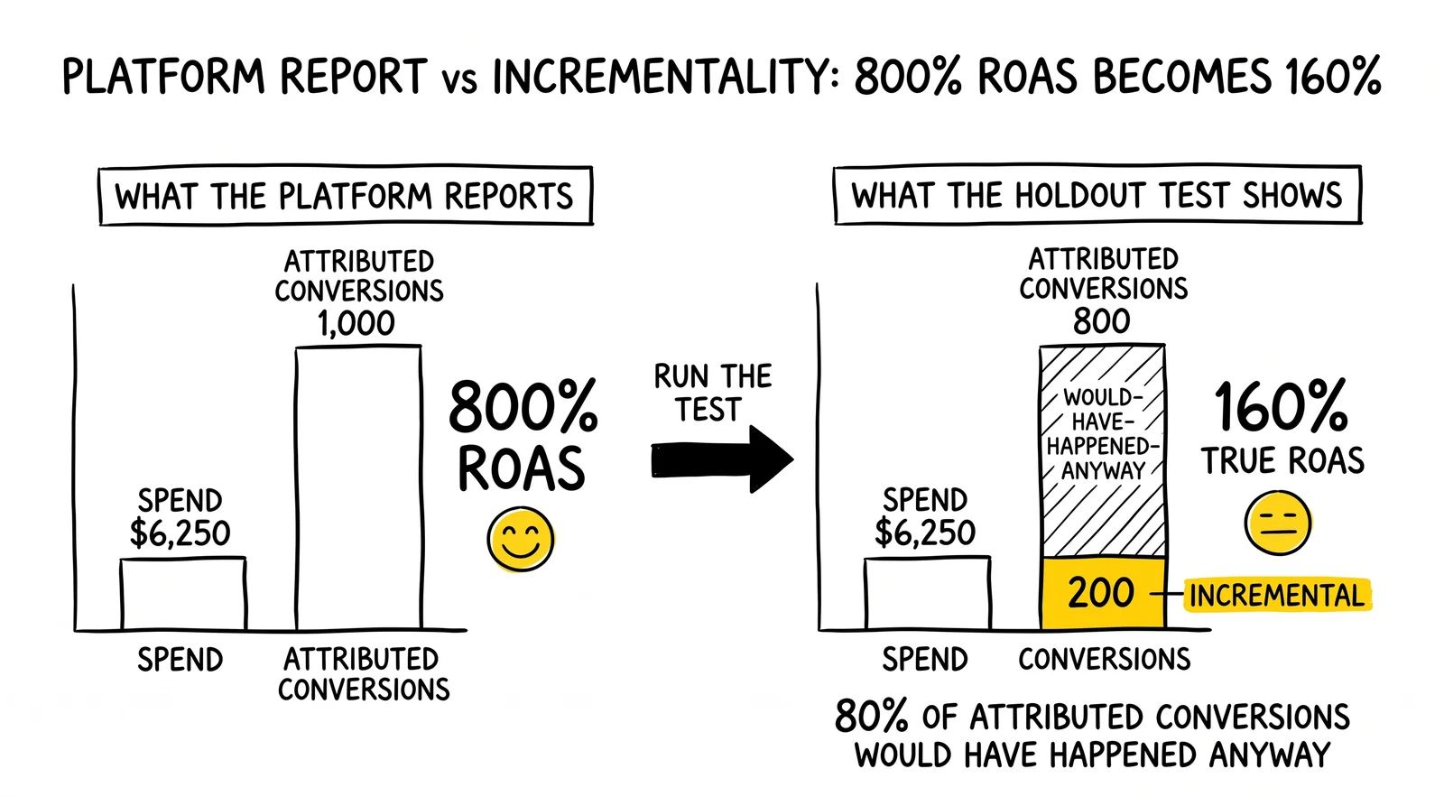 Two-panel comparison of platform-reported 800% ROAS vs incrementality-tested 160% true ROAS. Incremental conversions bar highlighted as the truth.