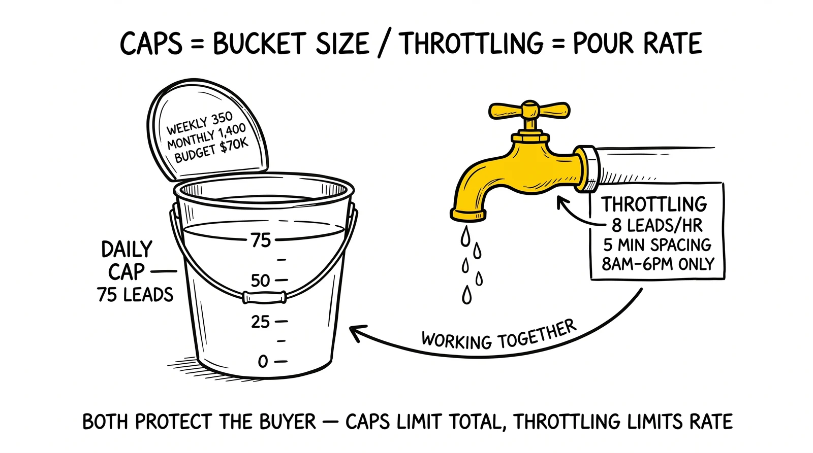 Caps as a bucket and throttling as a faucet, working together to protect buyer capacity. Throttling rate highlighted as the most-misconfigured control.
