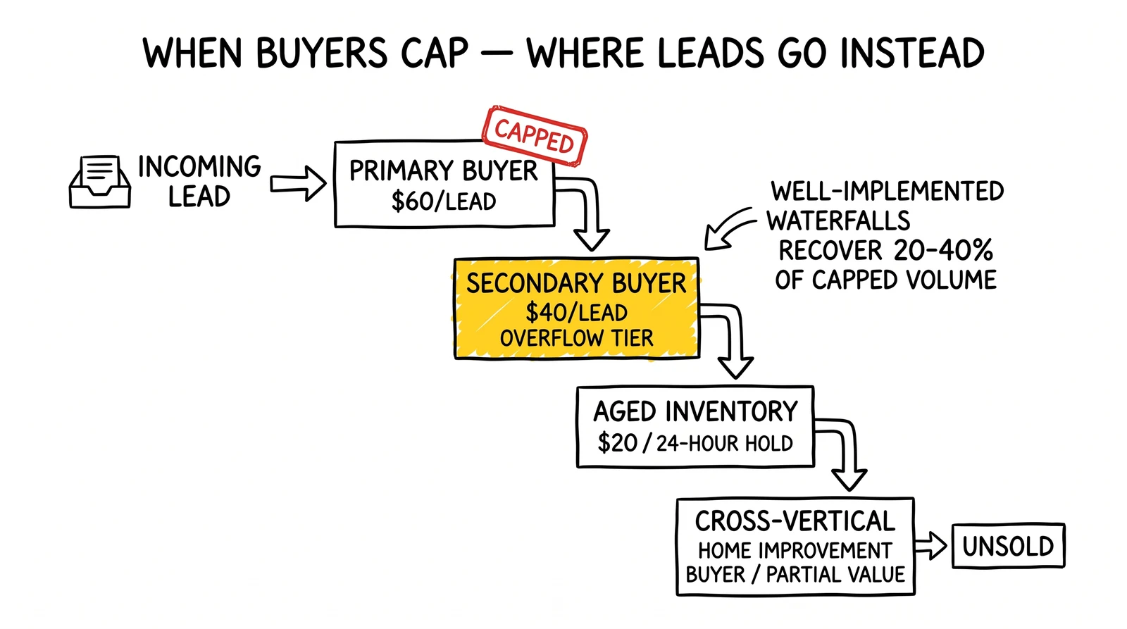 Waterfall overflow cascade from primary capped buyer to secondary, aged, cross-vertical, and unsold. Secondary tier highlighted as the highest-leverage recovery layer.