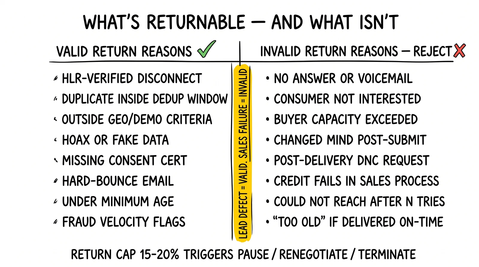 Two-column return-reason comparison of eight valid versus eight invalid reasons; the lead-defect-versus-sales-failure dividing rule highlighted.