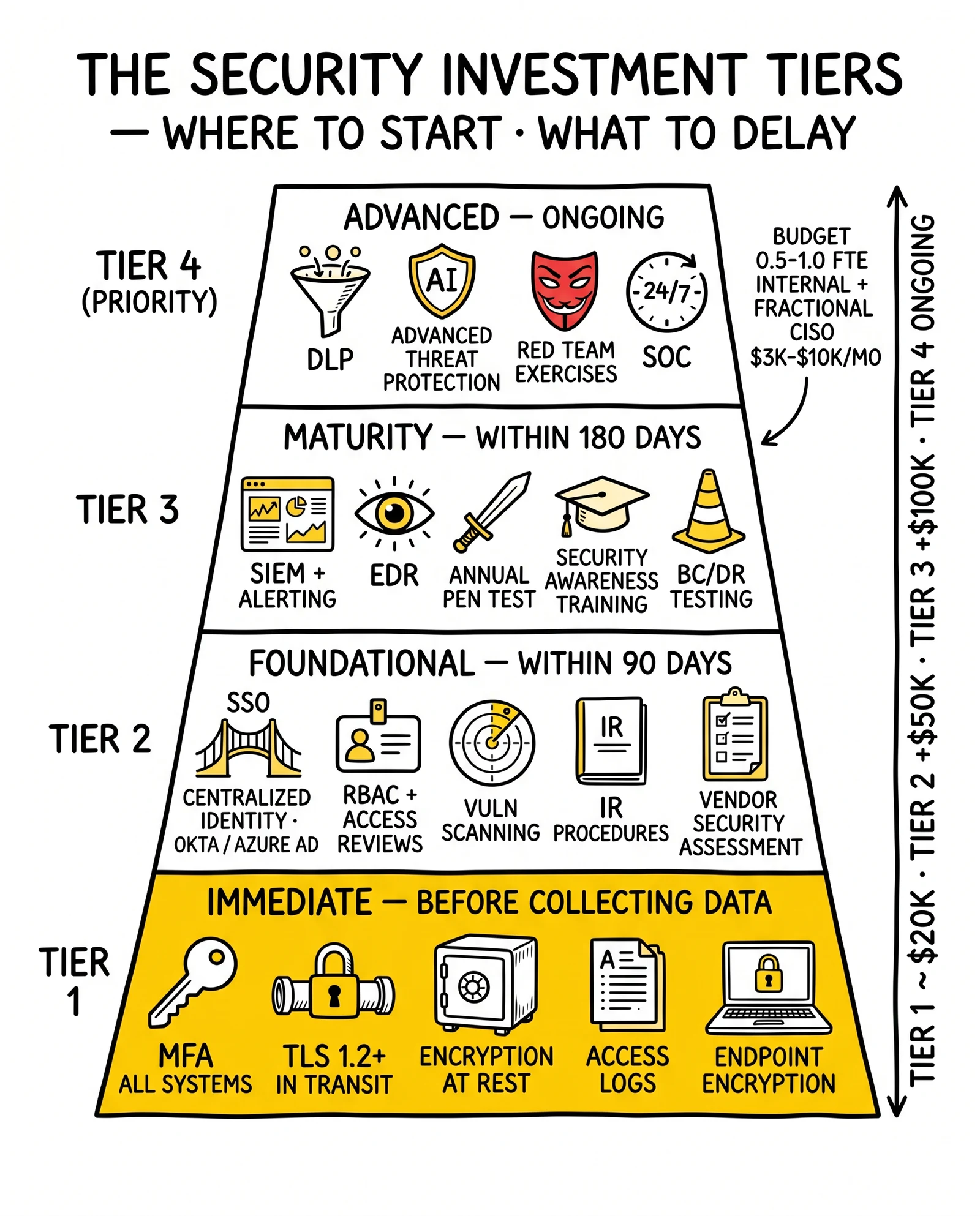 Four-tier security investment pyramid from immediate Tier 1 controls to advanced ongoing capabilities, with Tier 1 highlighted as the pre-data-collection foundation.