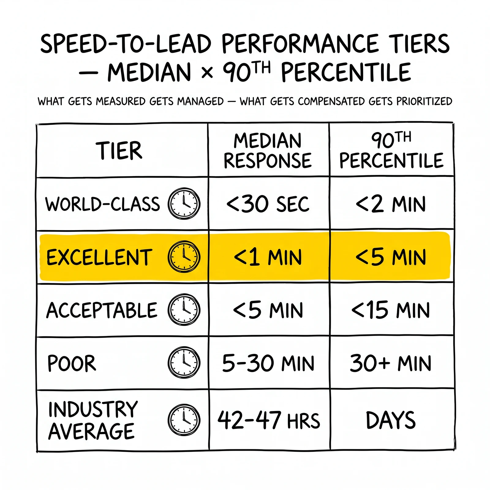 Five-tier speed benchmarks across median and 90th-percentile response time. Excellent tier flagged as the realistic operator target.