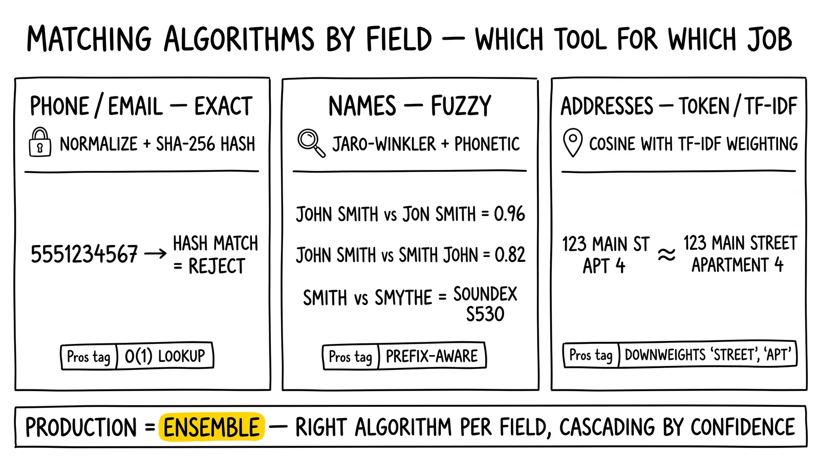 Three-panel algorithm picker: exact hashing for phone and email, Jaro-Winkler and Soundex for names, token TF-IDF for addresses. Ensemble flagged.