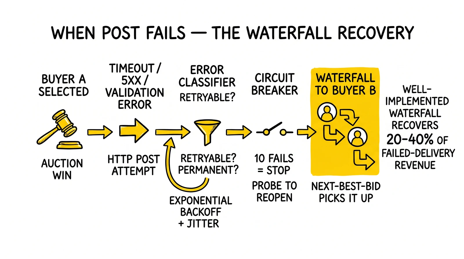 Failure-and-recovery flow from auction win through retry, circuit breaker, and waterfall to next-best-bid buyer.