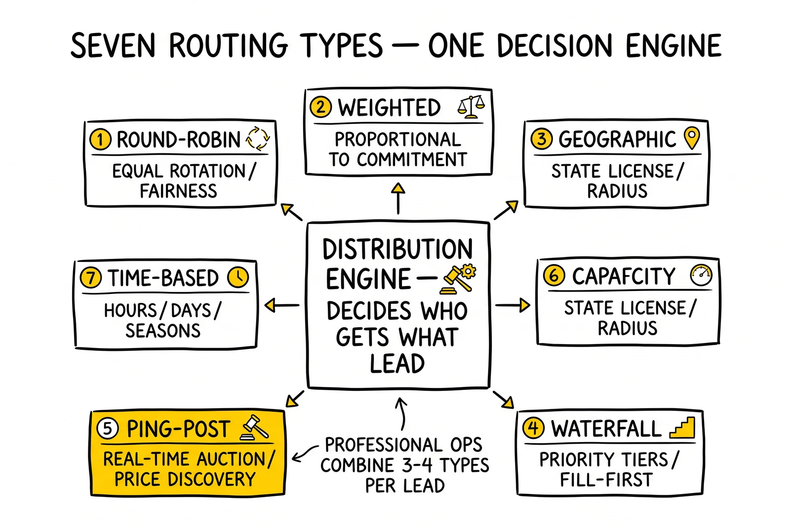 Seven-spoke routing taxonomy: round-robin, weighted, geographic, waterfall, ping/post, capacity-based, time-based. Ping/post highlighted as the revenue-maximizing core.