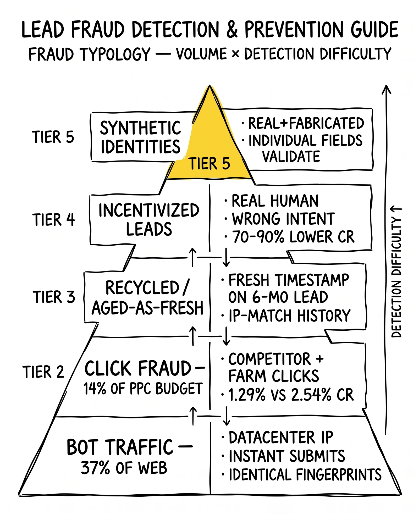 Five-tier fraud typology pyramid from bot traffic at the base to synthetic identities at the apex, with synthetic identities flagged as the hardest to detect.