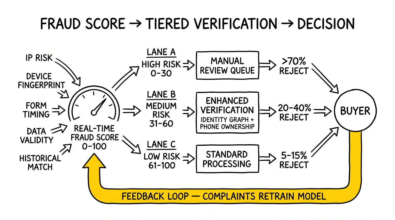 Risk-routing workflow: real-time score splits leads into manual review, enhanced verification, or standard processing, with a buyer feedback loop retraining the model.