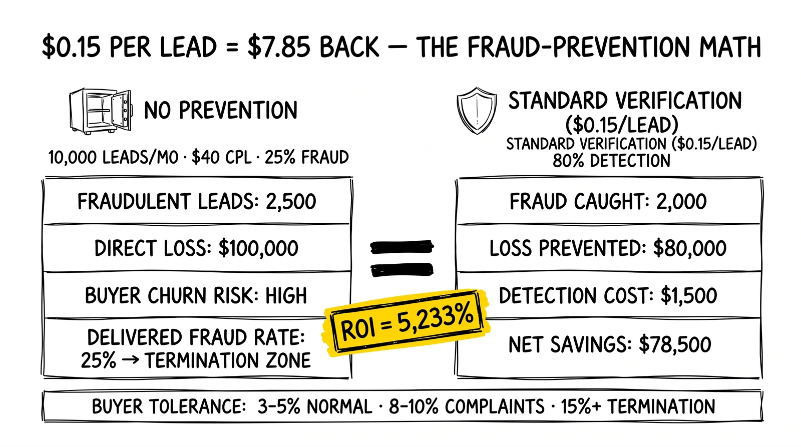 Two-panel ROI math: no prevention loses $100K; $0.15-per-lead standard verification nets $78.5K savings at 5,233% ROI.