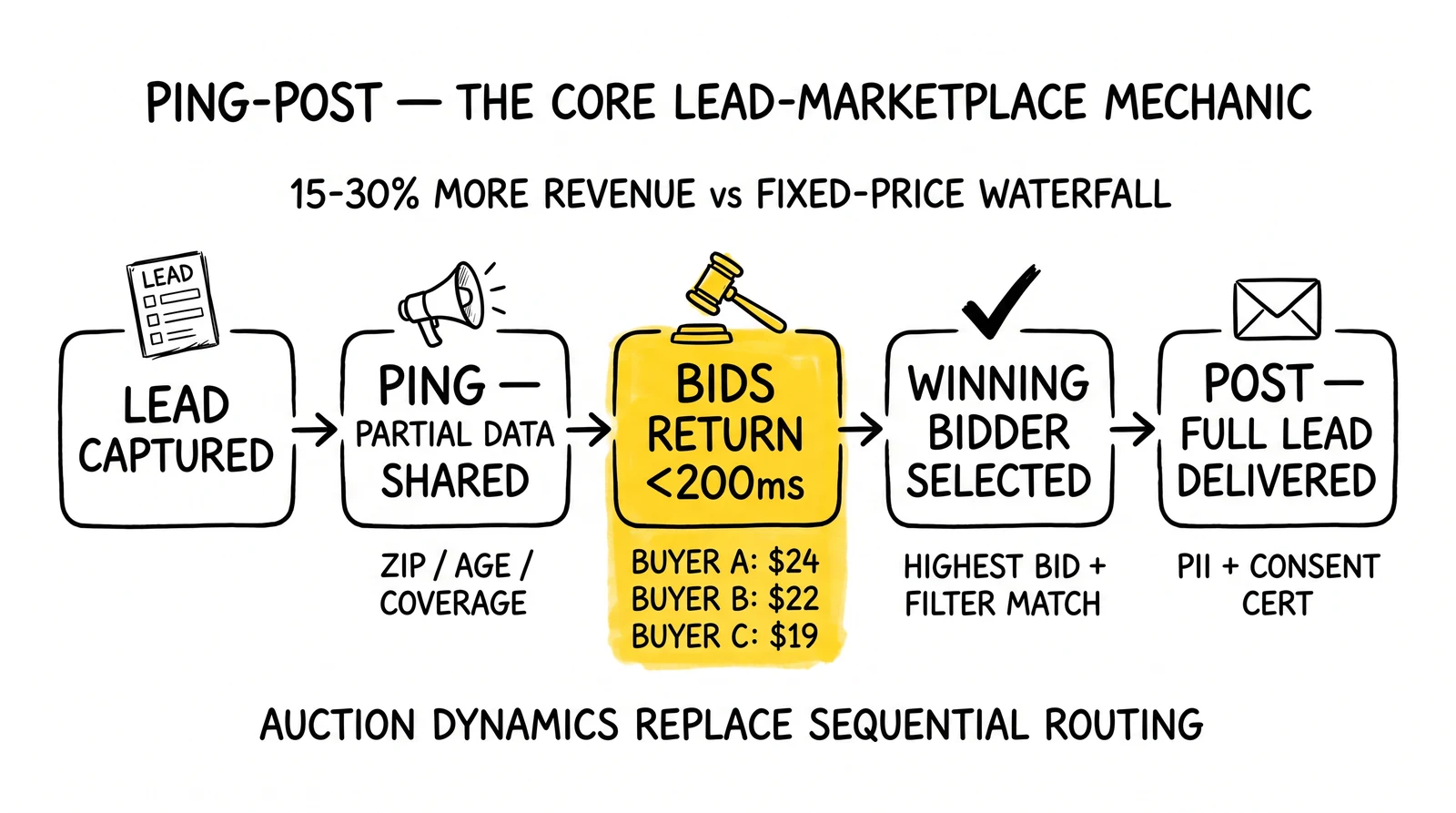Five-stage ping-post flow: capture, partial-data ping, sub-200ms bids, winner selection, full lead post. Bid-return stage highlighted as the marketplace anchor.