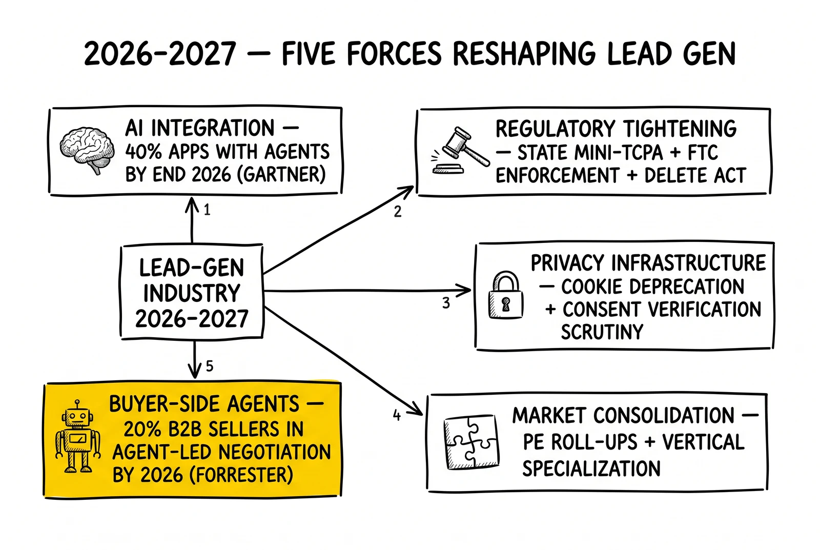 Hub-and-spoke of five 2026-2027 forces around the lead-gen industry; buyer-side agents and AI-to-AI interfaces spoke highlighted as the structural rewire.