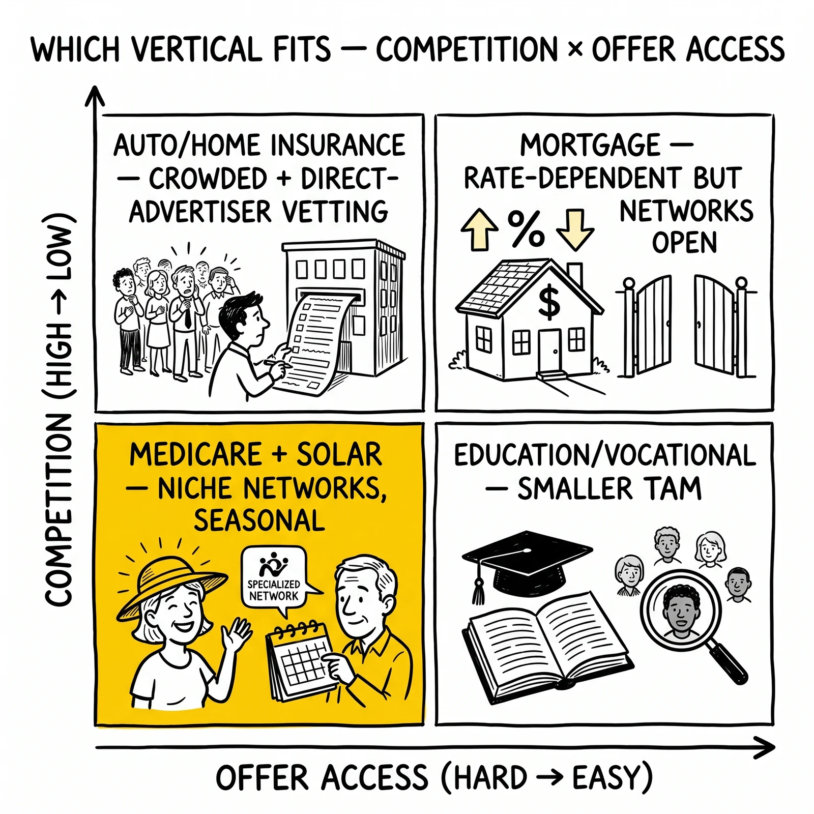 Two-by-two vertical-selection matrix by competition and offer access; the low-competition niche-network quadrant highlighted as the highest-margin zone.