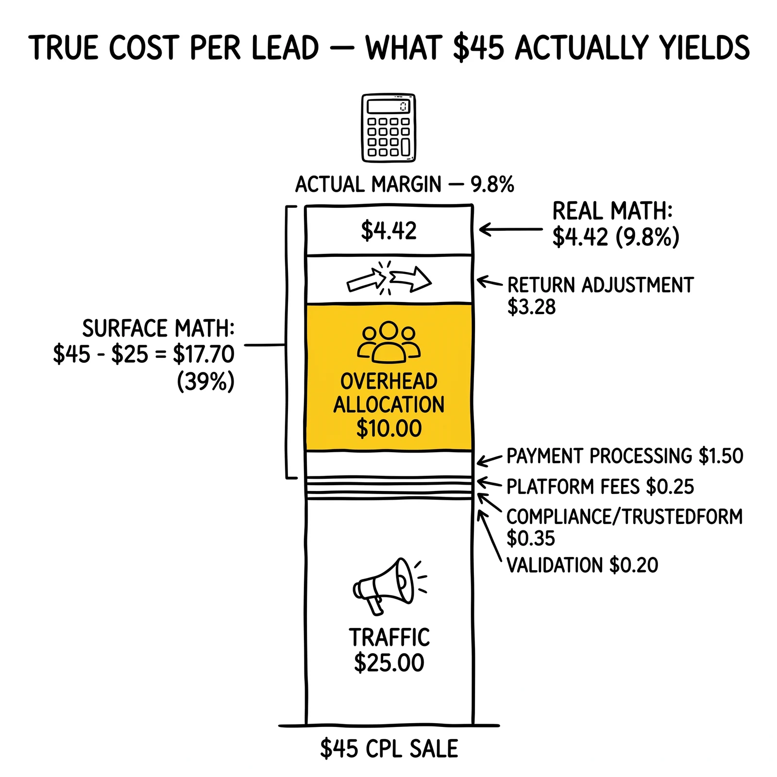Anatomy of a $45 CPL split into traffic, validation, compliance, platform, overhead, and returns. Overhead allocation flagged as the most-missed cost.