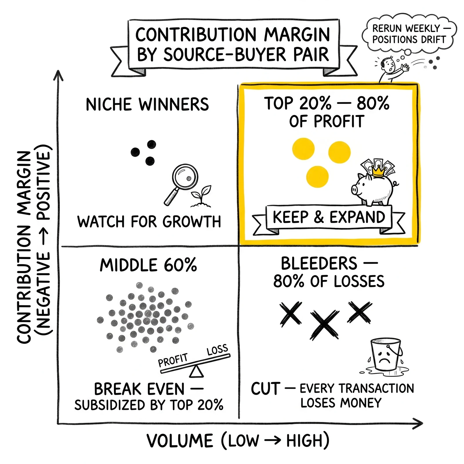 Two-by-two matrix of source-buyer contribution margin. Top-right quadrant flagged as the 20% of pairs generating 80% of profit.