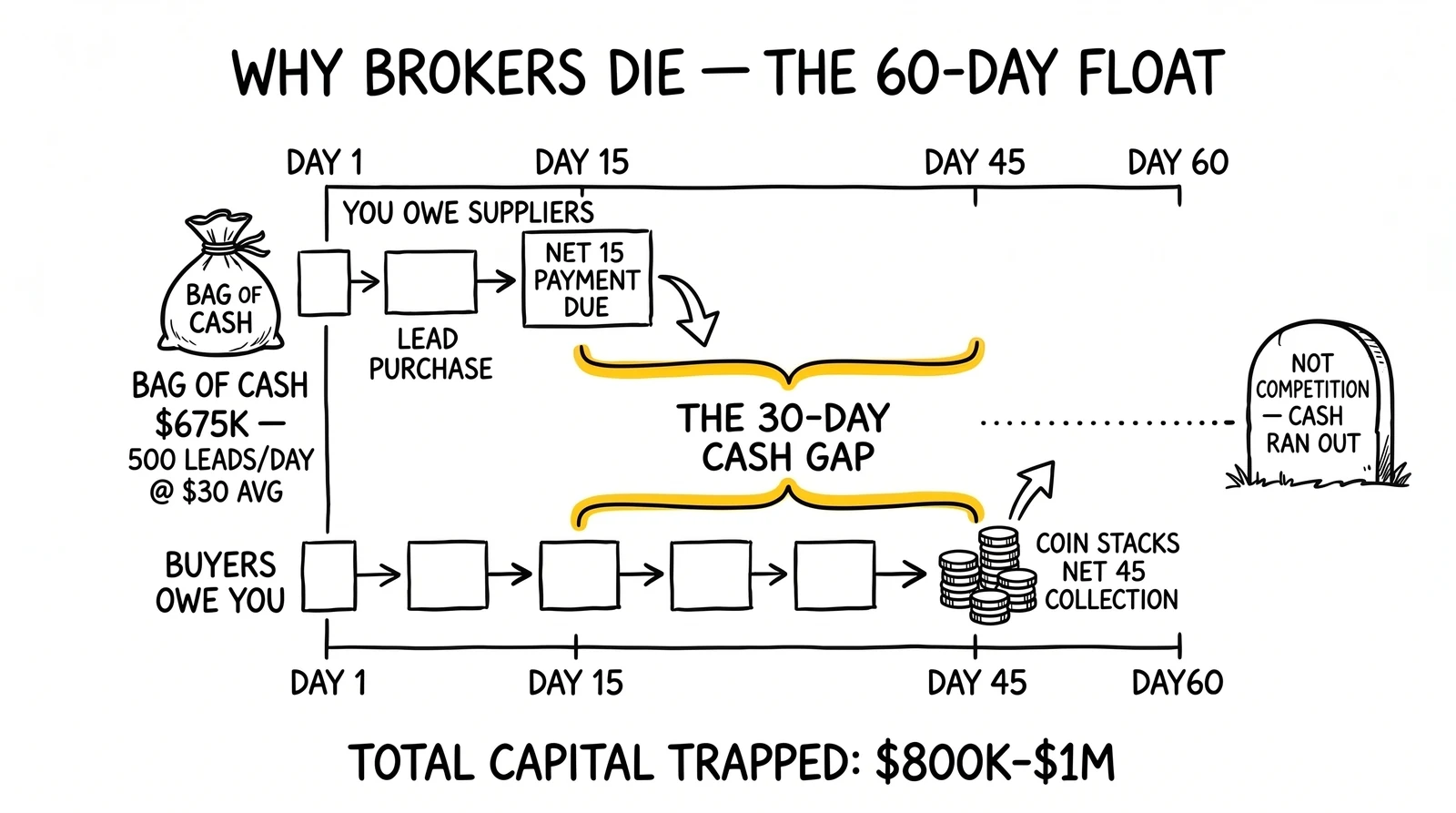 Two-track cash-flow timeline showing supplier Net-15 payments versus buyer Net-45 collections. Thirty-day gap flagged as the primary broker killer.
