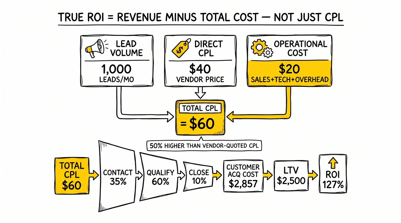 ROI flow from lead volume, direct CPL, and operational cost into true CPL, CAC, and final ROI. Operational cost flagged as the most-omitted input.