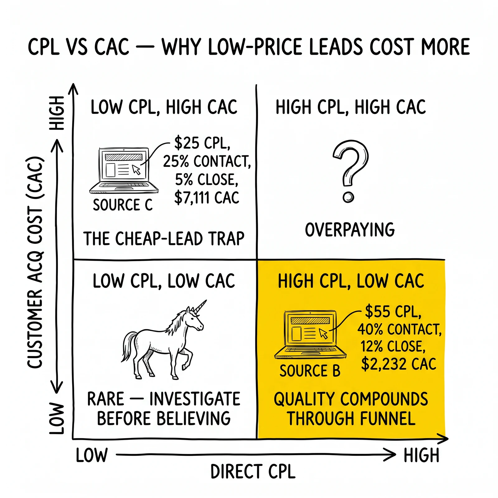 Two-by-two CPL versus CAC matrix plotting three lead sources. Quality compounds through funnel – higher-CPL Source B produces lowest CAC, highlighted as the winning quadrant.