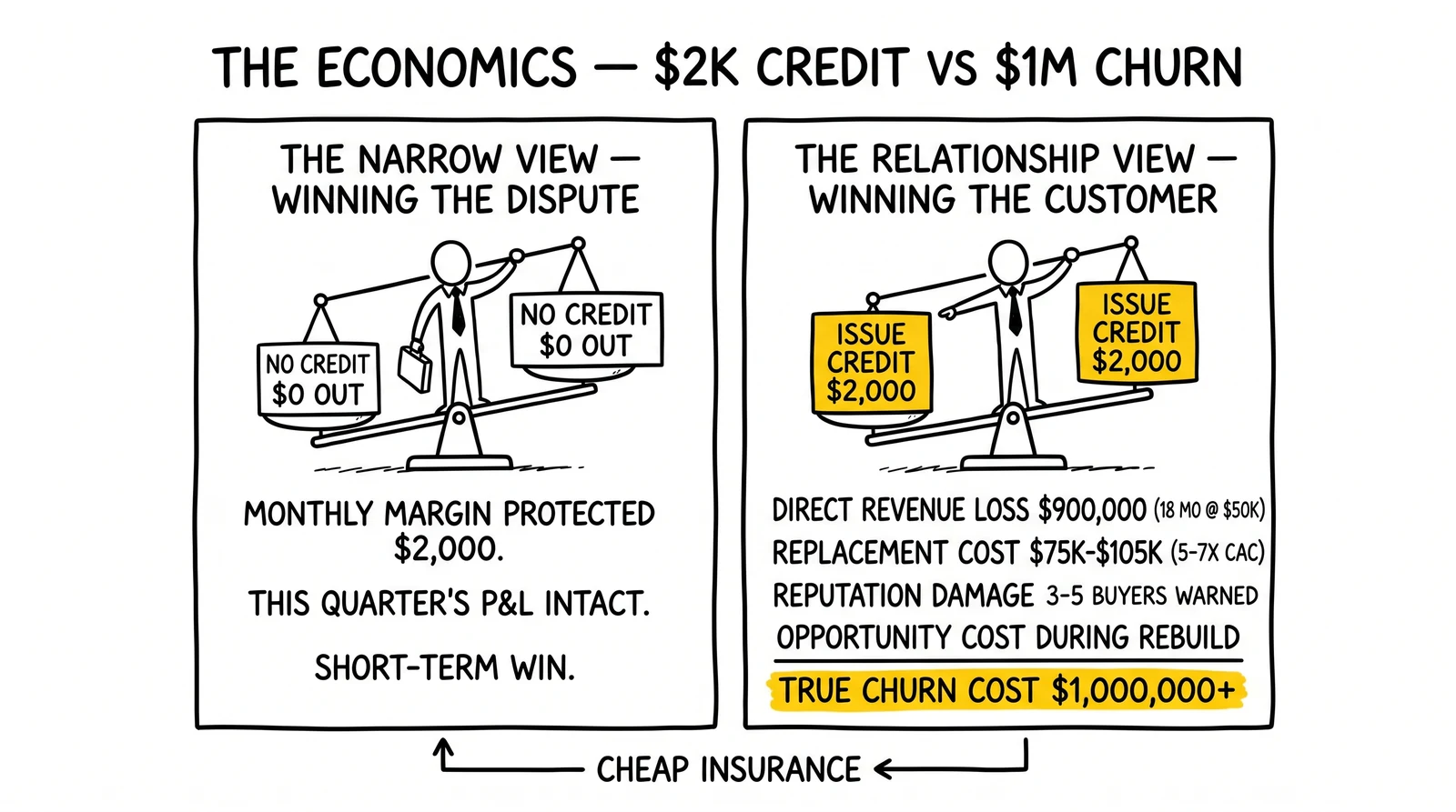 Two-panel comparison of narrow dispute-win view versus relationship-view churn economics: $2K credit declined versus $1M+ lifetime churn cost.