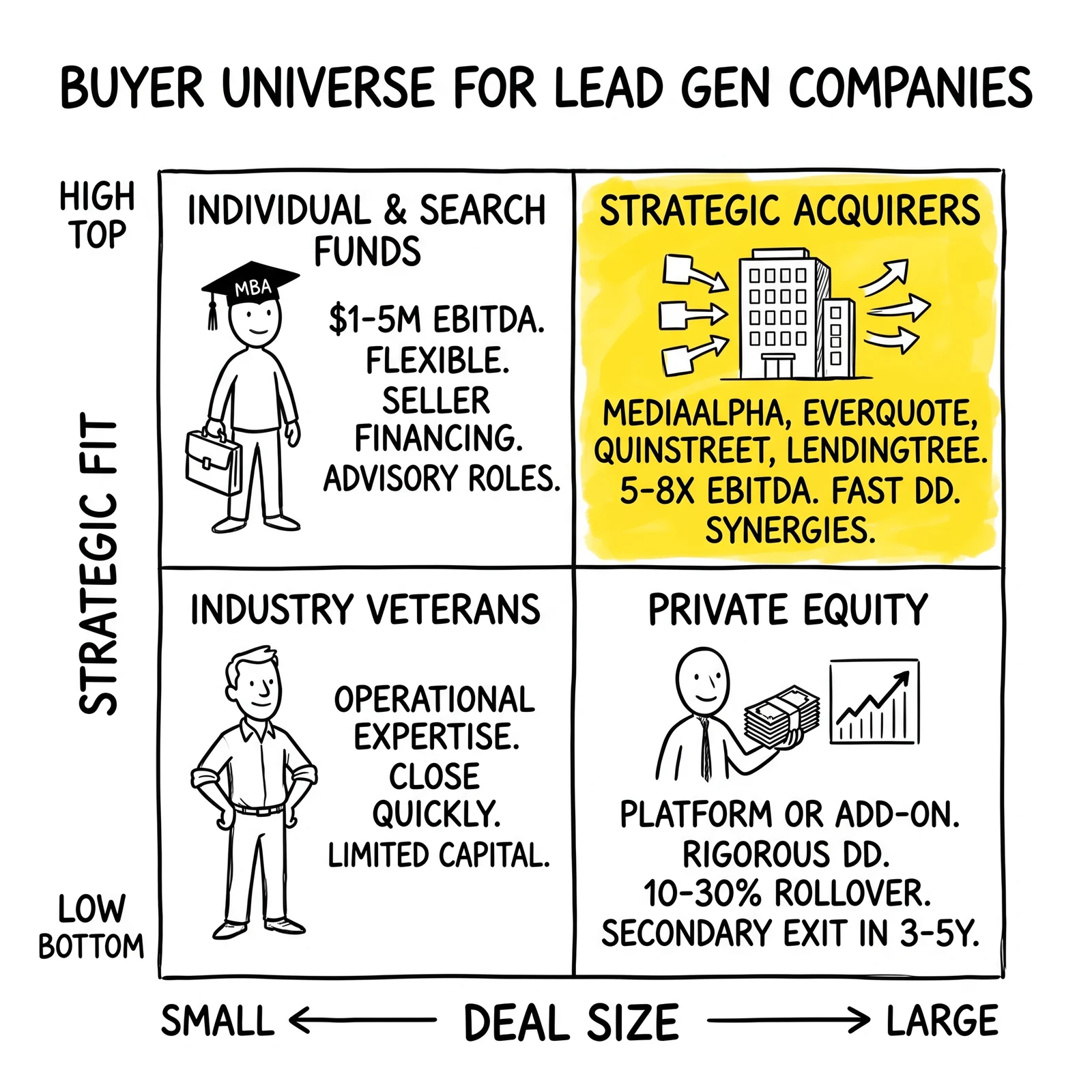 Two-by-two buyer-universe matrix sorting strategic acquirers, private equity, individuals, and industry veterans by deal size and strategic fit. Strategic acquirers flagged as premium-multiple payers.