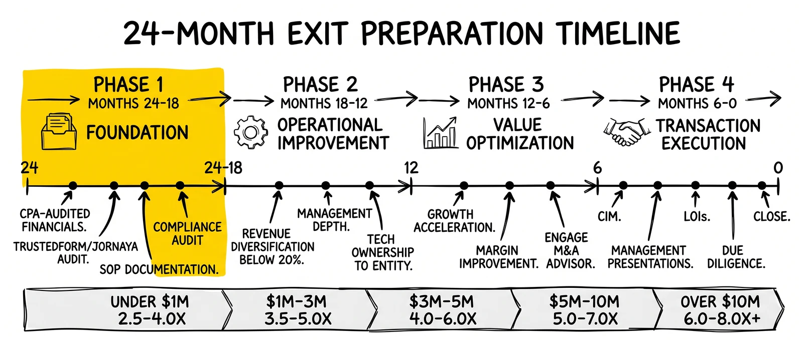 24-month exit preparation timeline across four phases with EBITDA multiples by company size. Foundation-phase compliance audit highlighted as the deal-saving starting point.