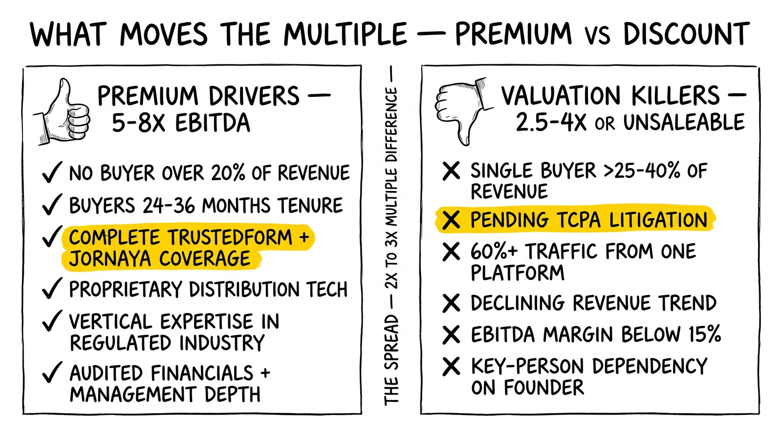Two-panel comparison of valuation drivers versus killers in lead gen M&A. Compliance documentation and TCPA litigation highlighted as the single biggest swing factor.