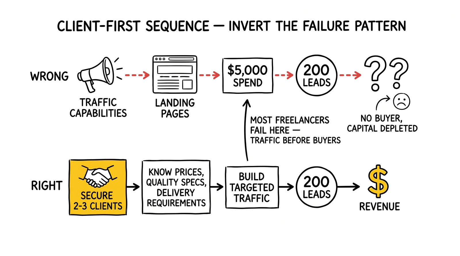 Two-row comparison of failure sequence (traffic first, no buyer) versus success sequence (clients first, then targeted traffic). Client-first starting point highlighted.