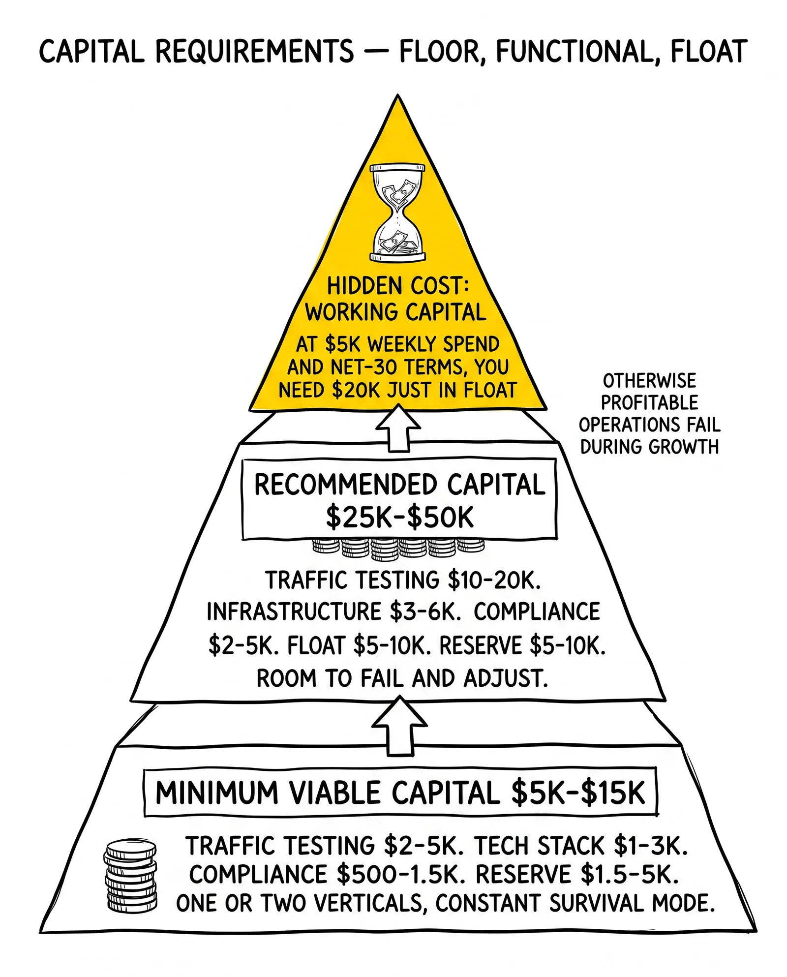 Three-tier capital pyramid from minimum viable through recommended to working capital float. Float apex highlighted as the hidden growth-phase killer.