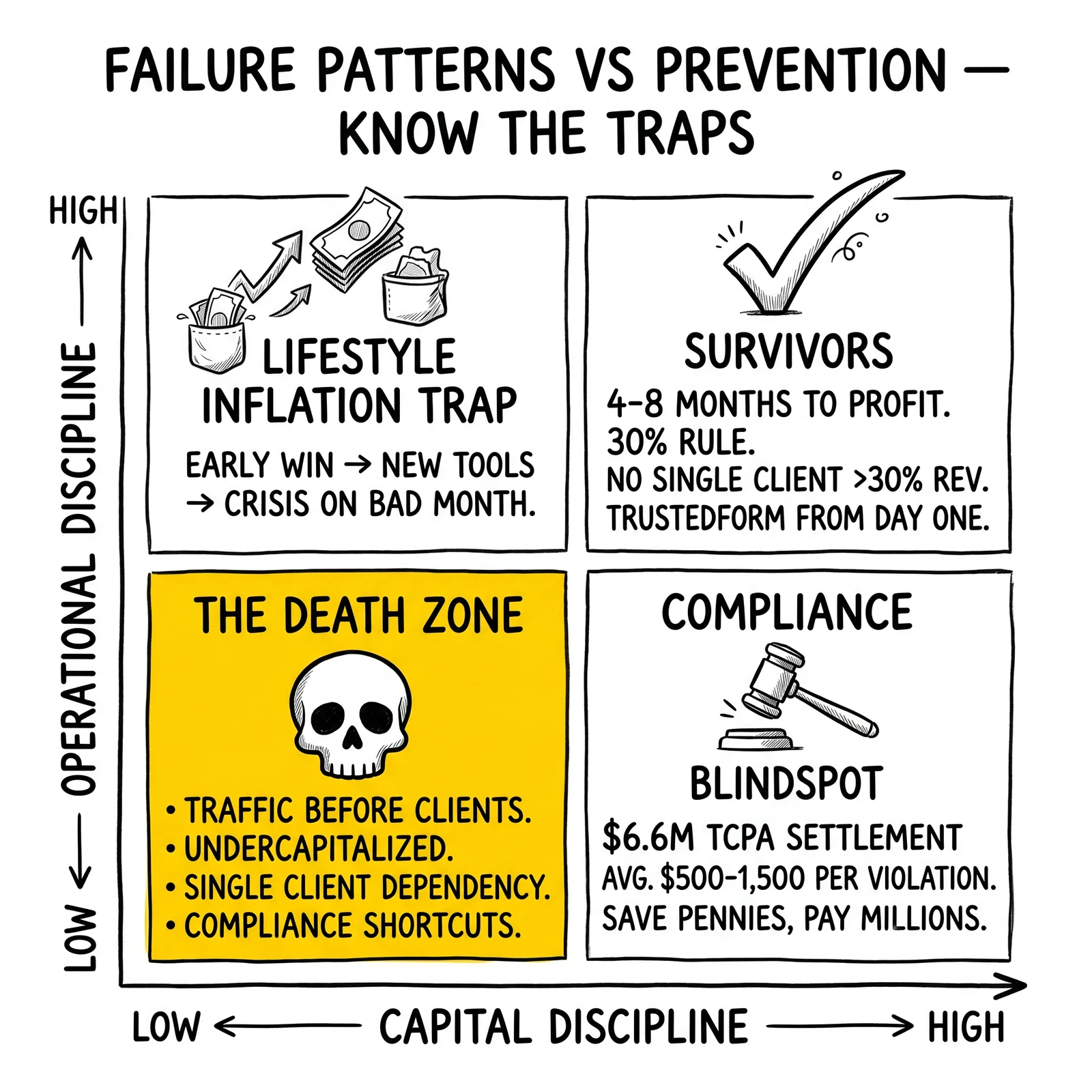 Two-by-two failure-pattern matrix mapping capital and operational discipline to four outcomes. Death-zone quadrant highlighted as the six-month washout cluster.