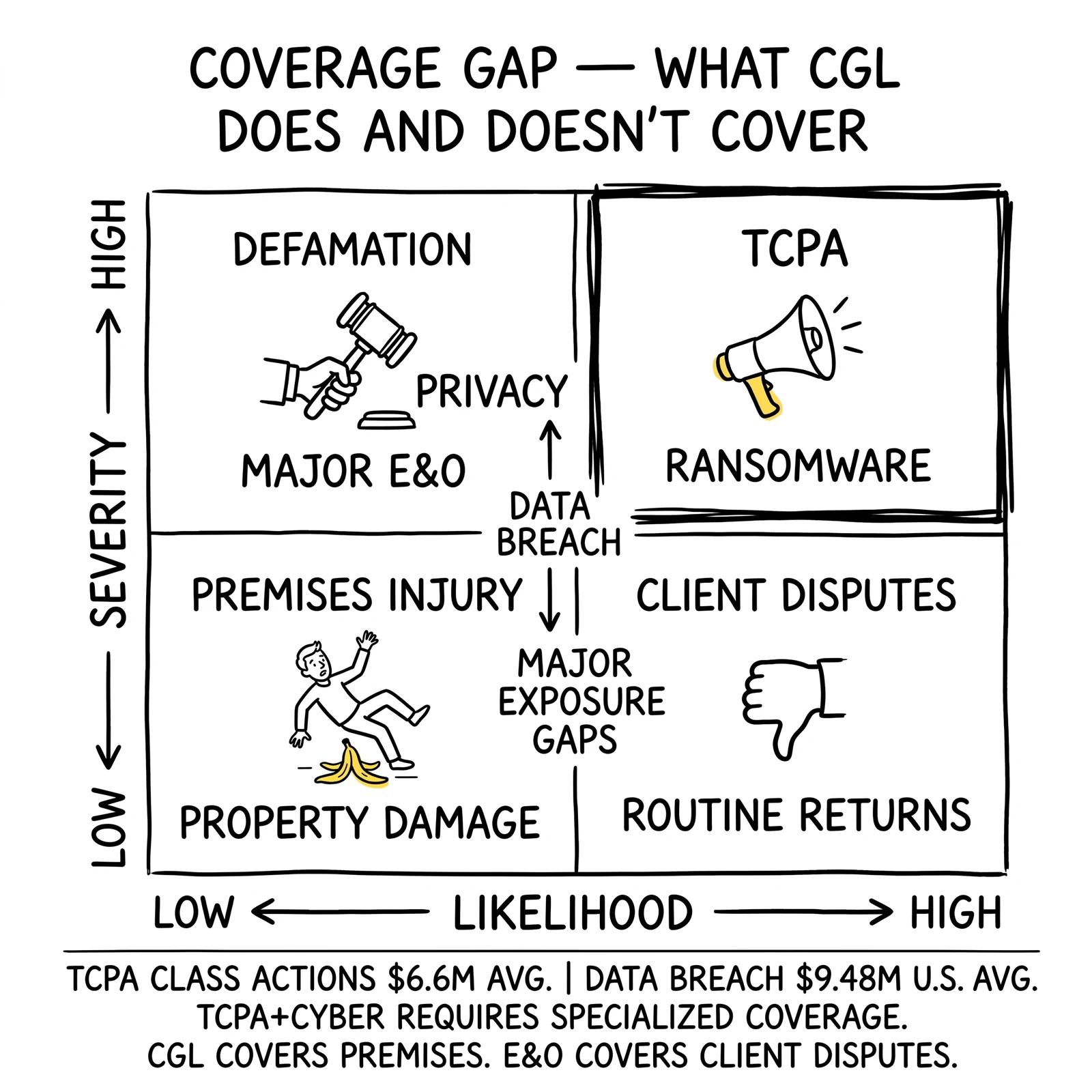 Two-by-two coverage matrix mapping risks by likelihood and severity to the policies that cover them. High/high quadrant flagged as the CGL gap where TCPA and breach exposures live.
