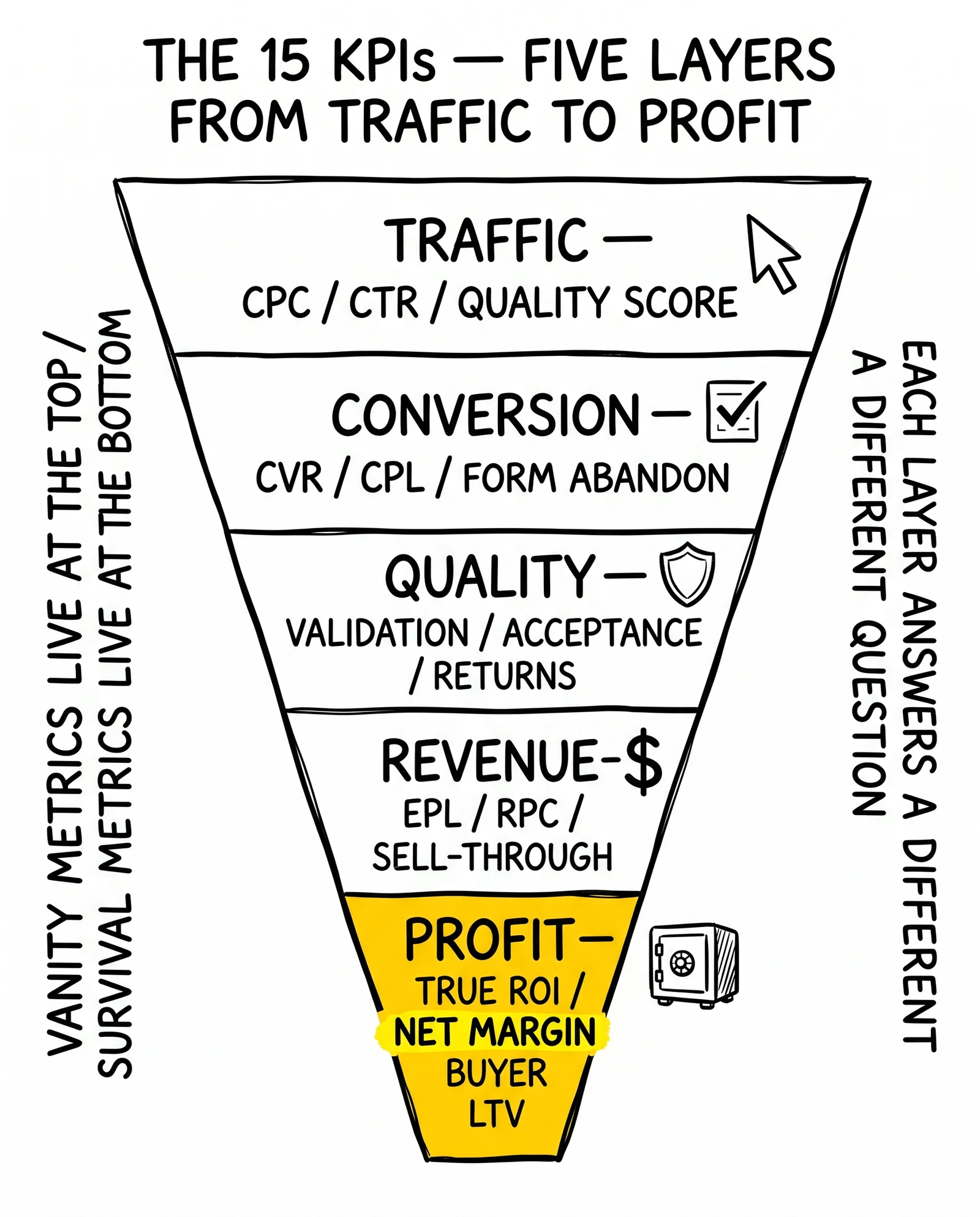 Five-layer KPI pyramid: traffic, conversion, quality, revenue, profit. Profit layer with net margin highlighted as the north-star survival metric.