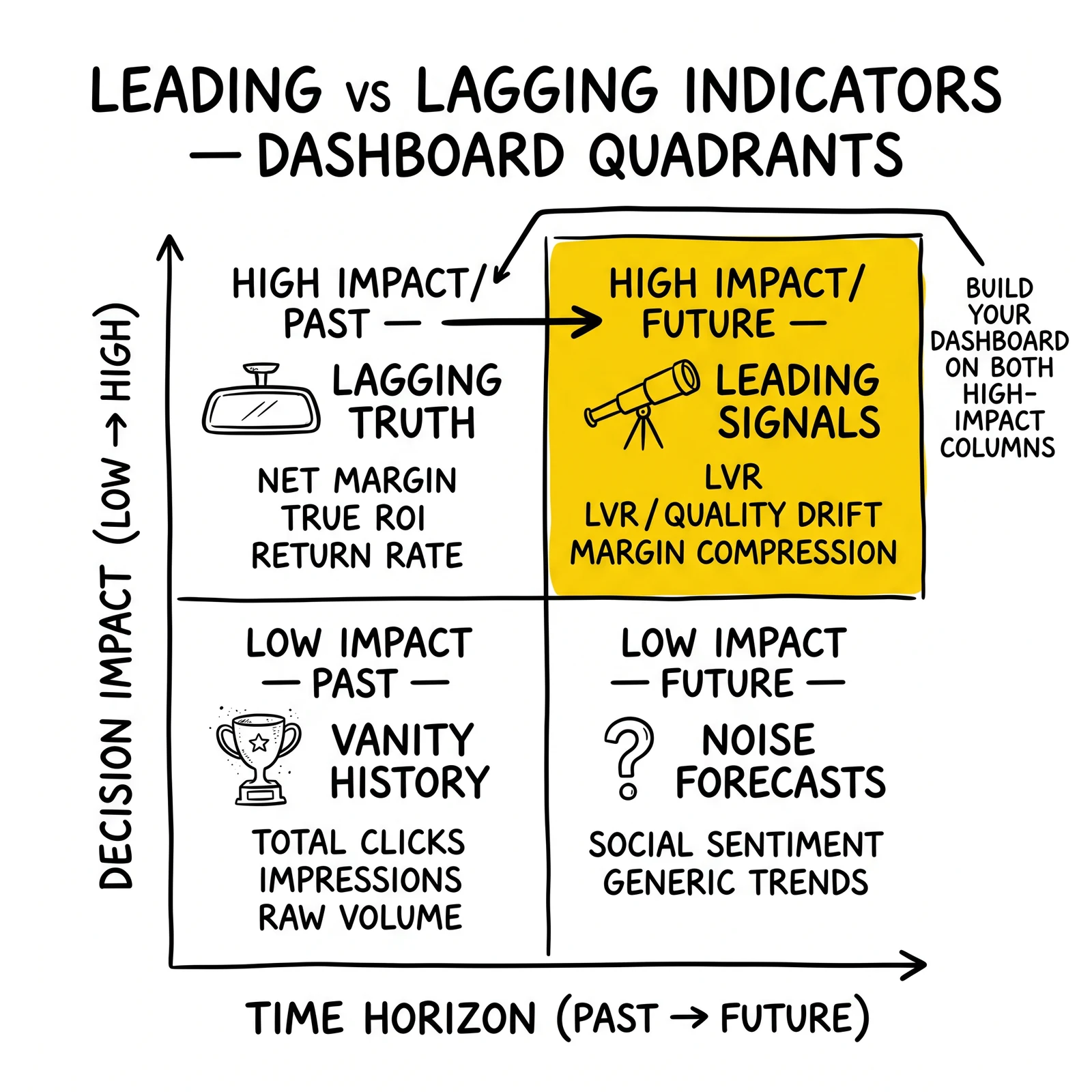 Two-by-two matrix of leading vs lagging KPIs by time horizon and decision impact. High-impact future quadrant highlighted as the early-warning dashboard section.