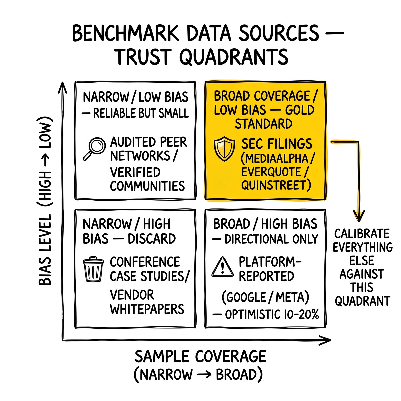 Two-by-two benchmark source matrix by coverage and bias. SEC filings quadrant highlighted as the verified gold standard for calibration.