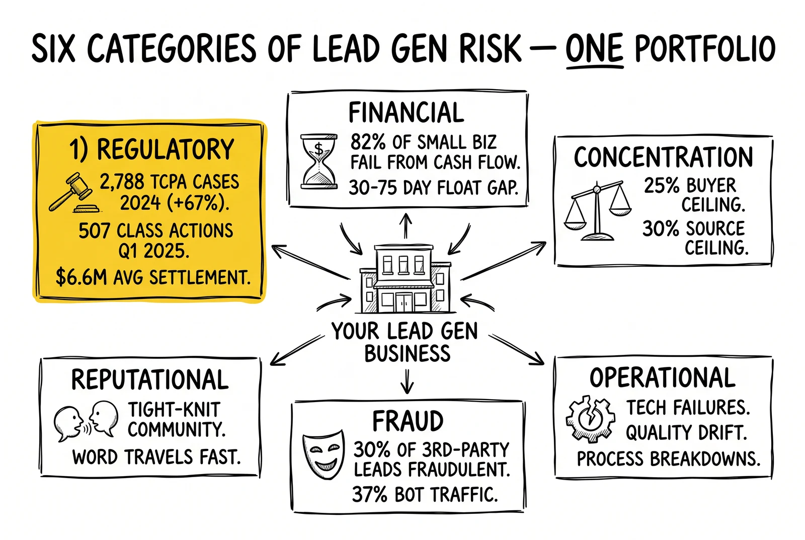 Hub-and-spoke diagram of six lead gen risk categories radiating from the business: regulatory, financial, concentration, operational, fraud, reputational. Regulatory spoke highlighted as the dominant exposure.