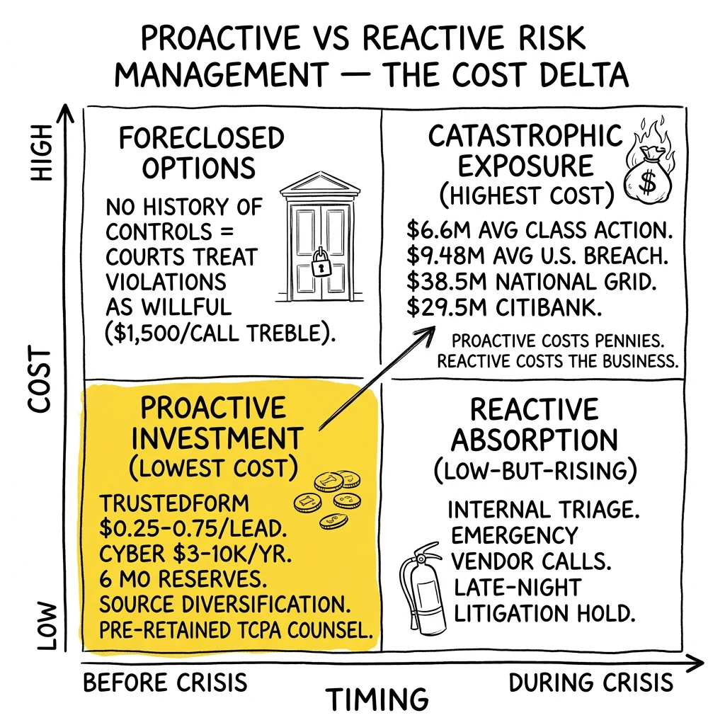 Two-by-two timing-vs-cost matrix of proactive versus reactive risk management. Proactive investment quadrant highlighted as the only path that preserves optionality.