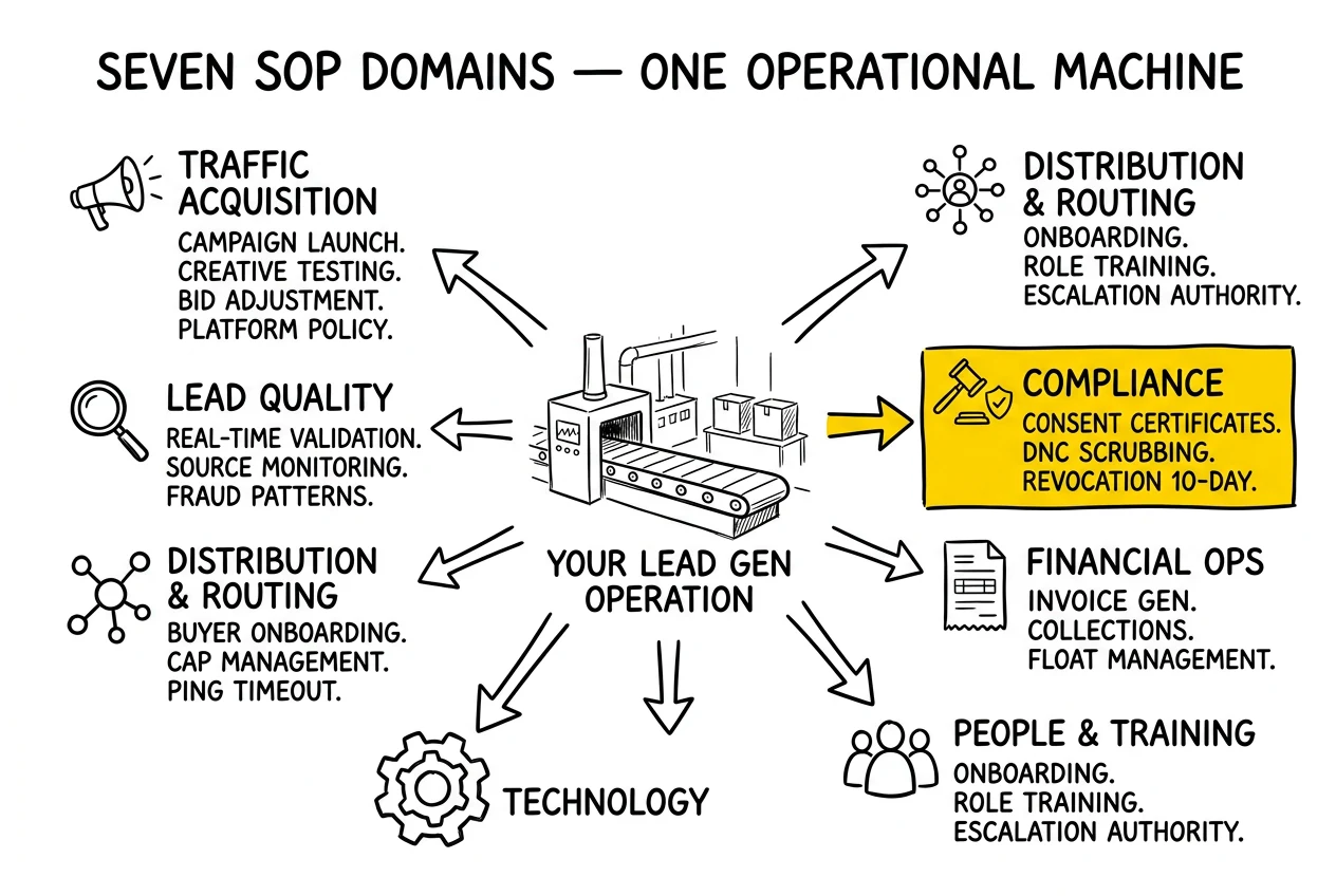 Hub-and-spoke diagram of seven SOP domains radiating from the lead gen operation: traffic, quality, distribution, compliance, finance, technology, people. Compliance domain flagged as non-negotiable.