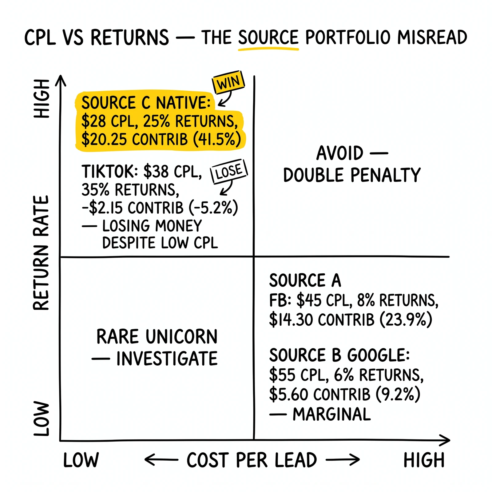 Two-by-two matrix of four sources by CPL and return rate. Source C native flagged as the counterintuitive winner where low CPL compensates for high returns.