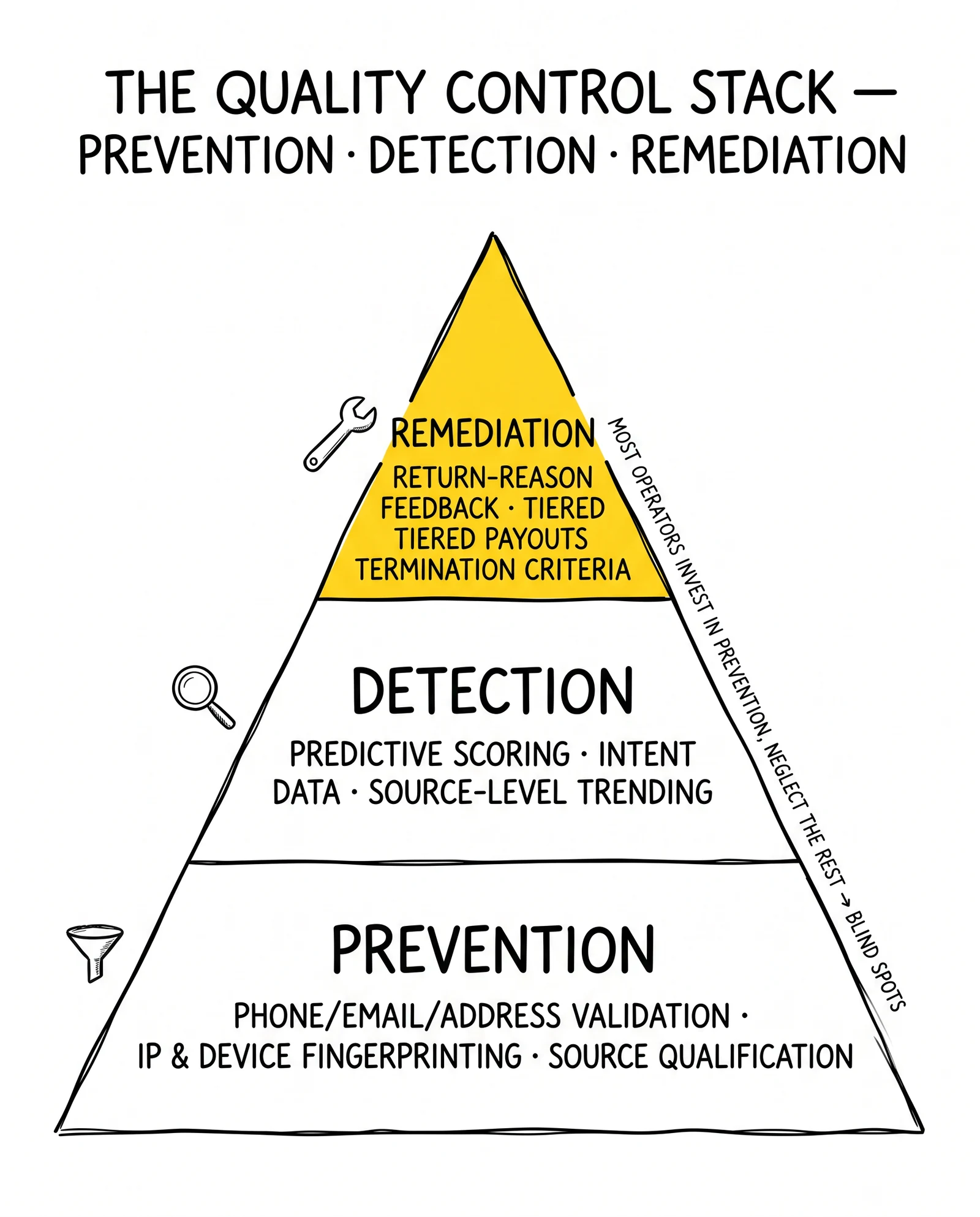 Three-tier quality control pyramid: prevention base, detection middle, remediation apex. Remediation flagged as the neglected layer.