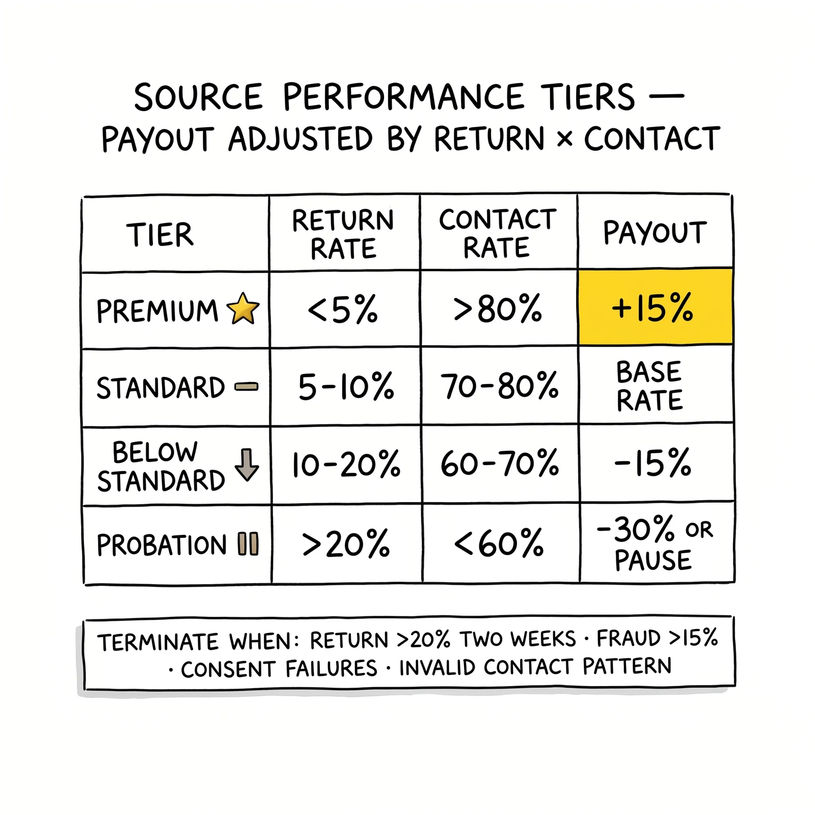 Four-tier source-performance pricing table: premium, standard, below standard, probation. Premium +15% payout flagged as the upward-pull signal.