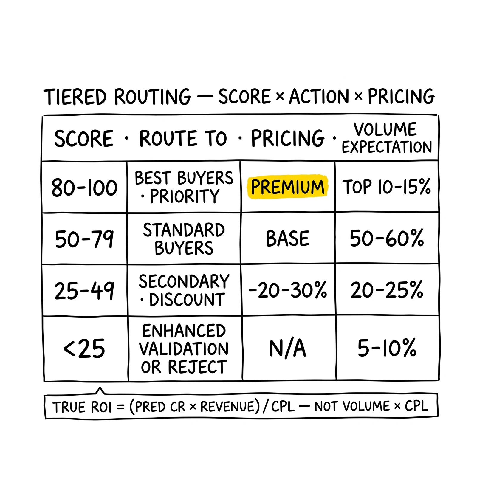 Four-row tiered routing table by score, routing target, and pricing adjustment, with the top 80-100 premium tier flagged as the value-creation row.