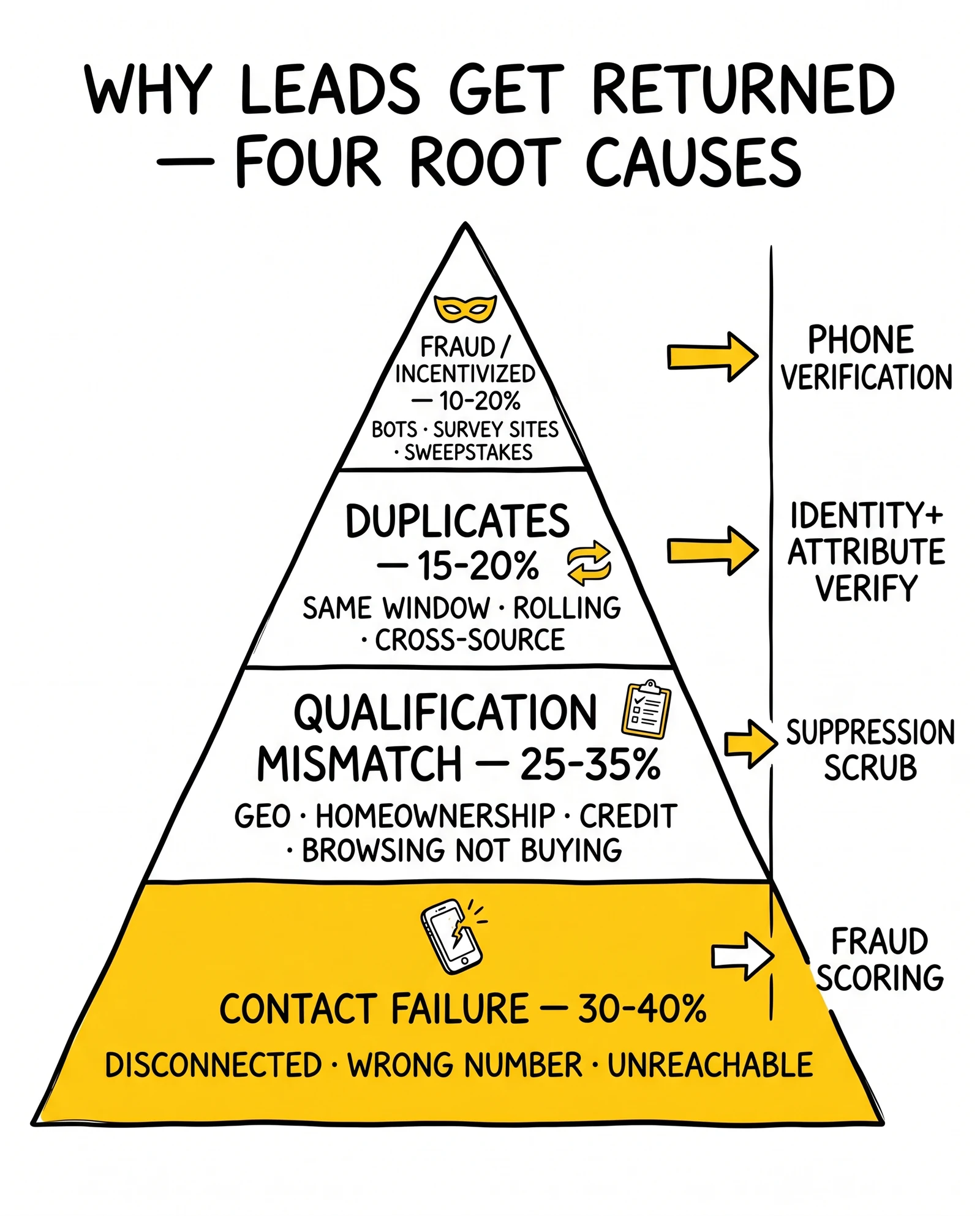 Four-tier return-reasons pyramid with contact failure, qualification mismatch, duplicates, and fraud, plus the matching intervention for each tier.